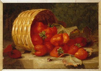 Jordgubbar i en flätad korg på en avsats, 1895