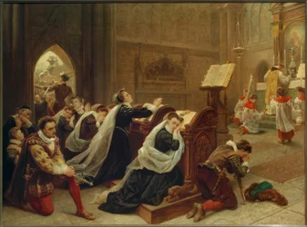 Maria Stuart… hör den första mässan / Gem. Emanuel Leutze