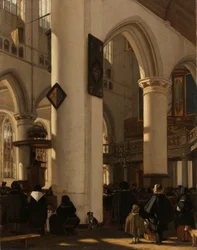 Interiör av en protestantisk, gotisk kyrka under en gudstjänst Interiör av en protestantisk gotisk kyrka med motiv från Oude Kerk i Amsterdam