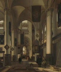Interiör av en protestantisk gotisk kyrka med motiv från Oude och Nieuwe Kerk i Amsterdam