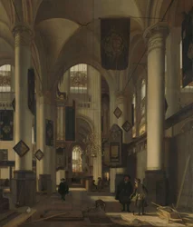 Interiör av en protestantisk gotisk kyrka med motiv från Oude och Nieuwe Kerk i Amsterdam