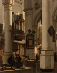 Interiör av en protestantisk, gotisk kyrka, med en gravgrävare i kören Interiör av en protestantisk gotisk kyrka med motiv från de gamla och nya kyrkorna i Amsterdam