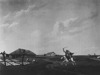 Estancia (gård) vid floden San Pedro, graverad av Maile och Sutherland, 1820 (litho) (bw foto)