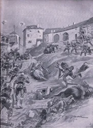 Aschaffenberg 2:a bayerska jägarebataljonen i Lagarde augusti 1914, från puben The Illustrated History of the World War 1914-1915 pub. av Union Berlagsefellfchaft