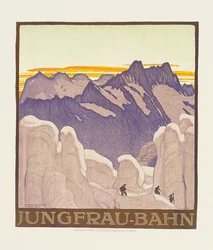 Jungfrau-Bahn, affisch som annonserar Jungfrau bergsjärnväg (färg litho)
