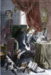 Porträtt av den franske författaren Paul Scarron (1610-1660) författare till burleska komedier, han är representerad på en invalid stol, hans fru Francoise d