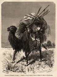 En mongolisk emigrantkamel som bär proviant, olika redskap, mattor, filtar och trä från tältramen, samt små barn i hängande korgar. Teckning av Emile Bayard (1837-1891), för att illustrera Shanghais resa till Moskva, från 1859 t.