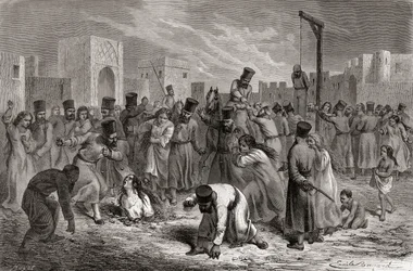 Äktenskapsbrytare som stenas och hängs i Turkiet, illustration från 