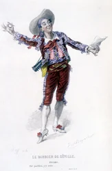 Komplett verk av Beaumarchais (1732-1799) av Edouard Fournier. teckning av Emile Bayard. Ed. Laplace, Sanchez et Cie, Paris 1876. Det här är Figaro i "Barberaren i Sevilla"
