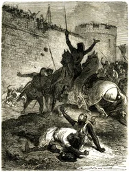 Korståg mot Albigeois - Siege of Toulouse, 25 juni 1218. Simon de Montforts bror har precis blivit skadad av en pil, Simon de Montfort själv kommer att dödas av en boll av katapultkast, sägs det, av en av kvinnorna av Toulouse som är