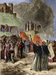 Korståg mot Albigeois - Montsegurs (Cathare) sista försvarare brändes på slaktaren 1244 - Gravyr av Emile Bayard efter G. Burgun