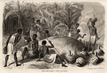 Degustation av pombe (alkoholhaltig dryck genom jäsning) i Karague (väster om Victoriasjön, i nuvarande Zimbabwe), teckning av Emile Bayard (1837-1891), som illustrerar kapten Spekes upptäcktsresa i Afrika 1860-1863. Gravyr i