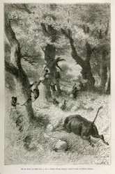 Expeditionens deroute framför en buffelsoldat, teckning av Emile Bayard för att illustrera berättelsen: Genom Afrika, från Zanzibar (Tanzania) till Benguela (Angola), 1872-1876, av löjtnant V.H. Cameron. Gravyr i Le tour du monde