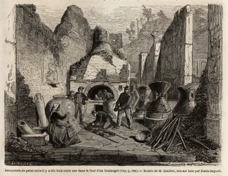 Upptäckt av en bagerugn och konserverat bröd i ask under utgrävningarna 1864 i Pompei, teckning av Emile Bayard (1837-1891), för att illustrera Marc Monniers text (1829-1885) "" Pompei och Pompeierna"". Gravyr i "" Le tour du monde", redigerad av