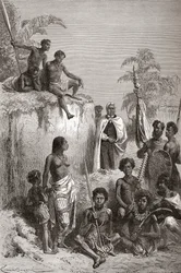 Hawaiis kung Kamehameha I och hans krigare, illustration ur "The World in the Hands", utgiven 1878