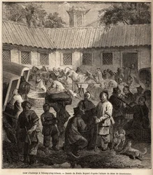 Vandrarhemsgård i Chiang Ping Cheou. Teckning av Emile Bayard (1837-1891), för att illustrera Shanghais resa till Moskva, från 1859 till 1862, av M. de Bourboulon, Frankrikes minister till Kina. Gravyr i "" Le tour du monde"", redigerad av Edouard Charton
