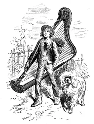 Illustration av Emile Bayard till Hector Malots roman "" Sans Famille ": Remi med sin vän hunden Capi och hans harpa - Edition Hetzel 1880 -