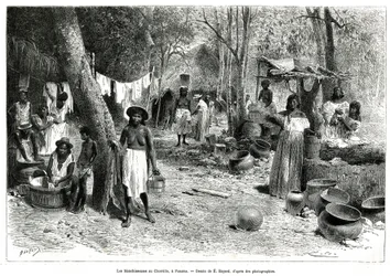 Les blanchisseuses au Chorillo, Panama, gravyr efter en teckning av E.Bayard, för att illustrera berättelsen Exploration at the isthms of Panama and Darien, av A. Reclus, fartygslöjtnant, från 1876 till 1878, publicerad i tour du monde, under ledning
