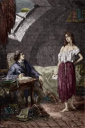 Marius och Eponine, Thenardiers äldre dotter och förälskad i Marius. Illustration till Victor Hugos (1802-1885) roman ”Samhällets olycksbarn”, illustration av Emile Bayard - (Eponine Thenardier (Jondrette-flickan) och Marius), gravyr, privat samling