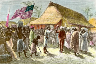 Möte i Ujiji vid Tanganyikasjöns strand mellan Henry Morton, en exploderande och journalist från Wales (1841-1904) och David Livingstone, en skotsk missionärsutforskare på den afrikanska kontinenten (1813-1873), den 10 november