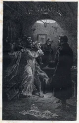 Monsieur Madeleine kommer till räddning av Fantine vid tiden för hans arrestering av Javert - Illustration av Emile Bayard (1837-1891) för "" Les miserables - Premiere partie: Fantine" av Victor Hugo (1802-1885) 1862