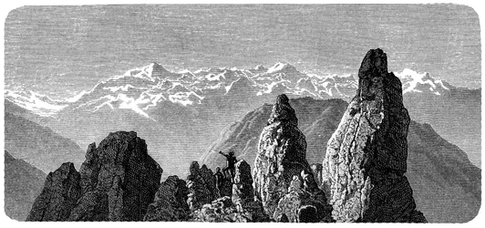 Bergstopp som kallas Pierre a Voir nära baden i Saxon i Valais, schweiziska alperna. Illustration av Emile Bayard till Albert Dupaignes bok "Les Montagnes", upplaga Mame 1881.
