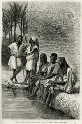 Svarta män och kvinnor från Sahara vid Oued Rirs stränder. Gravyr av E. Bayard som illustration till Algeriska Sahara av V. Largeau, 1874-1878, publicerad i Le Tour du monde under ledning av Édouard Charton (1807-1890)