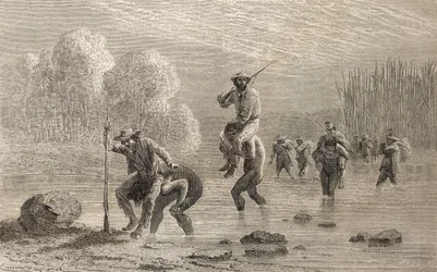 Paul Marcoy och hans expedition bärs över ett träsk i Argentina av Chuncho-indianer 1874, illustration från 