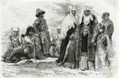 Fattiga och rika kirgiziska kvinnor. Gravyr av Emile Bayard, för att illustrera reseintryck från Orenburg till Samarkand, av Marie de Ujfalvy-Bourdon, mellan 1876 och 1878, i Tour du monde, i regi av Edouard Charton