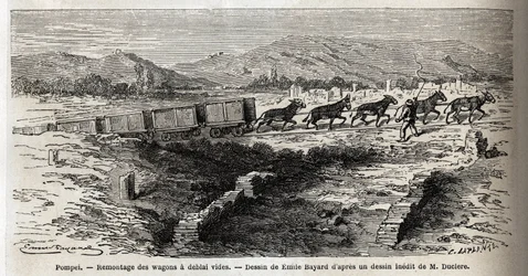Återmontering av tomma vagnar under utgrävningarna 1864 i Pompei, teckning av Emile Bayard (1837-1891), för att illustrera Marc Monniers text (1829-1885) "" Pompei och Pompeierna". Gravyr i "" Le tour du monde"", redigerad av Edouard Charton