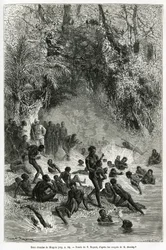 Sir Henri Morton Stanley (1841-1904) mitt bland badgästerna i Karagoue-regionen (Kamerun), som kastar sig ner i den varma och medicinska vattenbassängen i Mtagata-ravinen, ritad av Emile Bayard, för att illustrera historien "Genom det mystiska Kontinenten”