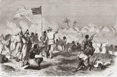 Stanleys attack mot Zimbizo under expeditionen 1871, illustration från "The World in the Hands", graverad av Henri Theophile Hildibrand (1824-97), publicerad 1878.