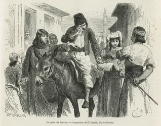 The Leproux Quest in Chio, teckning av Emile Bayard, för att illustrera berättelsen "Ön Chio" (Östra Turkiet), 1877, av Dr A.Testevuide. Gravyr i Le tour du monde