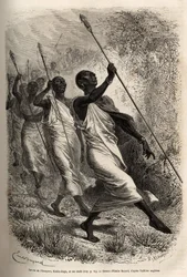 Attack mot Ismailias högkvarter (Egypten), av en koalition av baris och loquias vapen med pil och båge, svarar Sir Bakers expedition med gevär och stöter tillbaka angriparna, gravyr som illustrerar en väpnad expedition i Centralafrika, för försörjningen