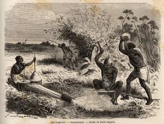 Smederna, i ounyamoezi (regionen vid de stora sjöarna, Afrika), teckning av Emile Bayard (1837-1891), som illustrerar kapten Spekes upptäcktsresa i Afrika från 1860 till 1863. Gravyr i "" Le tour du monde"", redigerad av Edouard Charton