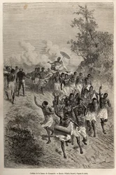 Cassembes hustrus kortegen passerar framför Livingstone som hälsar henne, graverad efter en teckning av Emile Bayard, som illustrerar David Livingstones sista dagbok (1813-1873), 1866-1873, publicerad i "" Le tour du monde"" 1875, redigerad av Edouard Char