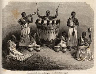Hovorkestern, i Karague (väster om Victoriasjön, nuvarande Zimbabwe), teckning av Emile Bayard (1837-1891), som illustrerar kapten Spekes upptäcktsresa i Afrika från 1860 till 1863. Gravyr i "" Le tour du monde ””, redigerad av Edouard Char