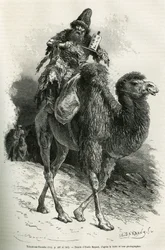 Expeditionens guide och tolk, Chutun Dzamba, 58 år gammal, satt hopkrupen på sin kamel och mumlade ständigt böner, teckning av Emile Bayard för att illustrera resan till Mongoliet och tanguternas land från 1870 till 1873, av löjtnanten