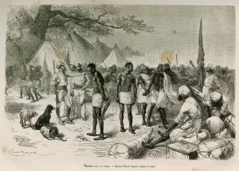 Expeditionens fräcka bärare satt i kedjan, teckning av Emile Bayard, för att illustrera historien: Across Africa, from Zanzibar (Tanzania) till Benguela (Angola), från 1872 till 1876, av löjtnant V.H.Cameron. Gravyr i Le tour du monde
