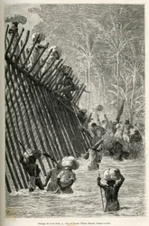 Passagen av floden Lovoi (eller djävulens flod) (Katanga-regionen, Kongo) av expeditionen, teckning av Emile Bayard, för att illustrera resan genom Afrika, från Zanzibar (Tanzania) till Benguela (Angola), från 1873 till 1876 , av den brittiske befälhavaren