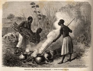 Tillverkning av öl i ounyamoezi (regionen vid de stora sjöarna, Afrika), teckning av Emile Bayard (1837-1891), som illustrerar kapten Spekes upptäcktsresa i Afrika från 1860 till 1863. Gravyr i "" Le tour du monde"", redigerad av Edouard Charton