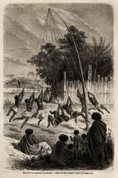 Svängningen av neo-zelandanska krigare på näset i Auckland, teckning av Emile Bayard (1837-1891), för att illustrera Ferdinand de Hochstetters resa till Nya Zeeland från 1858 till 1860. Gravyr i "" Le tour du monde"", redigerad av Edouard Charton