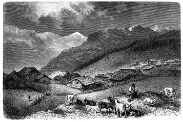 By i Alperna. Murren, i Berner Oberland, höjd 1630 meter. Herde som håller sin hjord av getter och får (får). Illustration av Emile Bayard till Albert Dupaignes bok "Les Montagnes", upplaga Mame 1881.