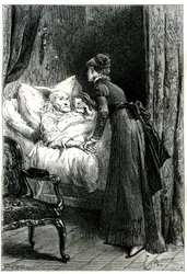 Ung kvinna som tar hand om en gammal man som dör i sin säng under ett krucifix som hänger från väggen. Den döende mannen håller sina sista rekommendationer (vilja) för hand. Gravyr av Emile Bayard som illustrerar Jules Sandeaus bok "Mademoiselle de la Seig