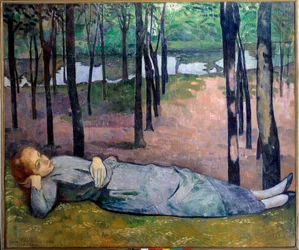 Madeleine (1871 - 1895) vid kärlekens skog. Porträtt av en fruktansvärd kvinna som ligger i en skog. Målning av Emile Bernard (1868-1941)