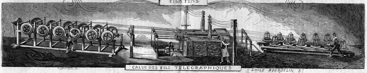 Galvanisering av järn- och telegraftrådar i Grenellefabriken av smedjan Franche Comte. Gravyr av Emil Bourdelin i "" The Illustrious World"" nr 93 den 22 januari
