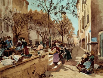 En dag för promenader i Provence på 1800-talet Målning av Emile Charles Dameron (1848-1908) Sent 1800-talets Paris, dekorativ konst
