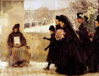 Alla helgons dag. En sörjande familj på väg till kyrkogården ger ett mynt till en gammal man som ber om allmosor. Målning av Émile Friant (1863-1932), 1888, H. 2,54 x 3,34 m, Nancy, Musée des Beaux-Arts