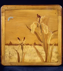 Bord i jugendstil, av Emile Galle (1846-1904), valnöt med fanerfinish och olika träslag, detalj, Frankrike, 1900-talet