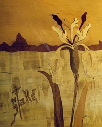 Bord i jugendstil, av Emile Galle (1846-1904), valnöt med fanerfinish och olika träslag, detalj, Frankrike, 1900-talet